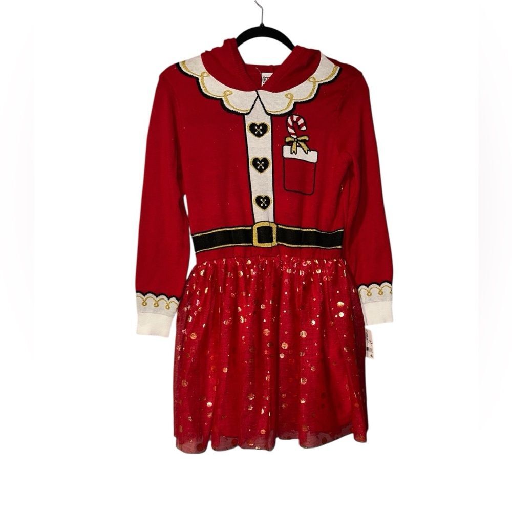 Girls or Women' Holiday Christmas Elf Sweater Tutu Dress With Hood - Red XL